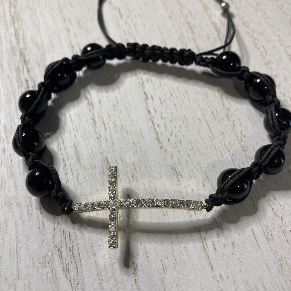 Cross Gold‎ Tone Black Beads Cord Slide Crystals Adjustable Bracelet